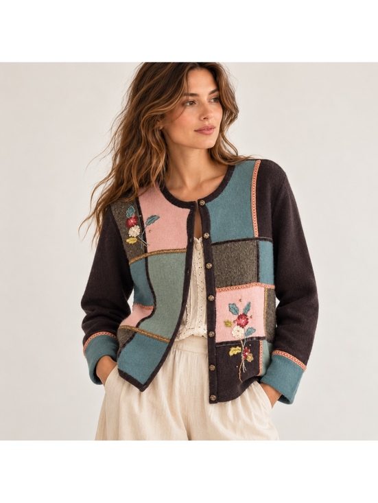 Vintage Sweaters - Koret Petite Wool Cardigan Sweater Patchwork Floral Embroidered Cottagecore